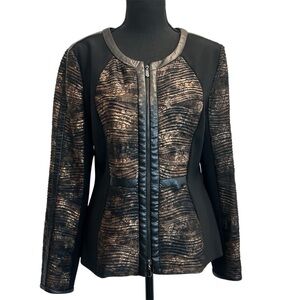 Joseph Ribkoff black bronze brown faux leather trim full zip jacket blazer 10